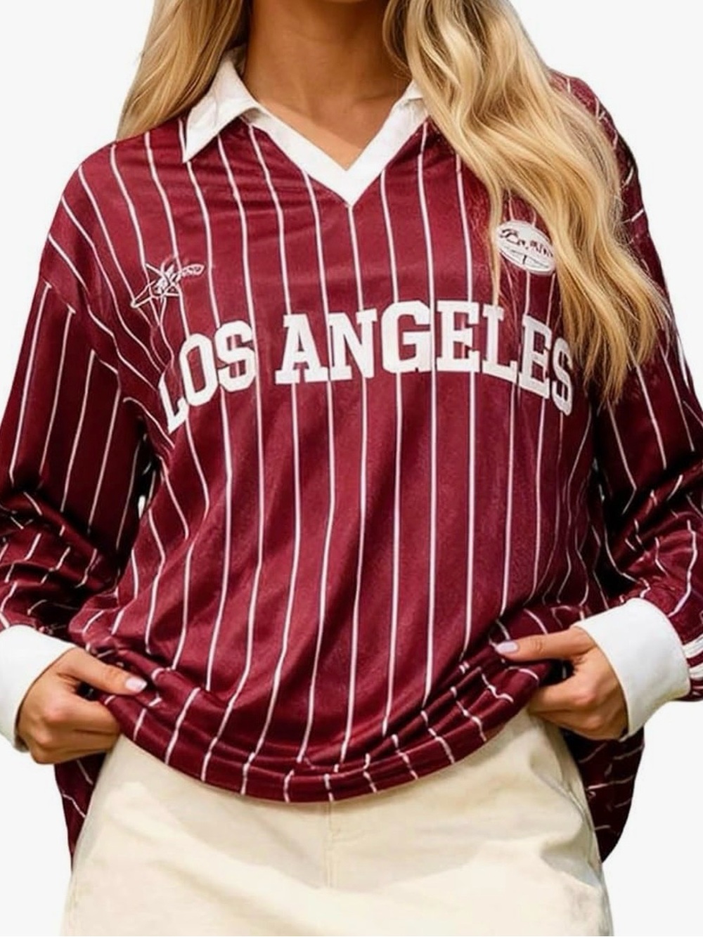 Los Angeles Striped V-Neck Long Sleeve Top - Burgundy